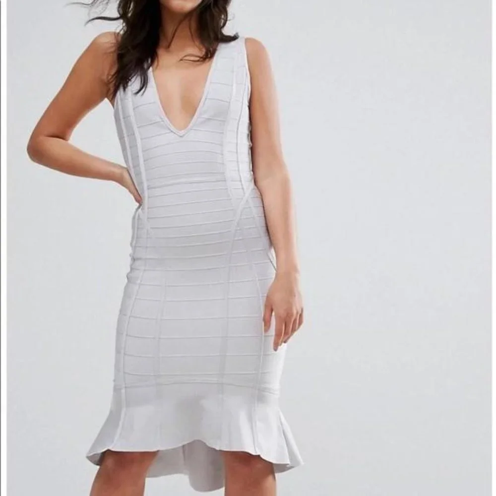 Missguided Gray Bandage Plunge Frill Hem Midi 👗 - Picture 2 of 6